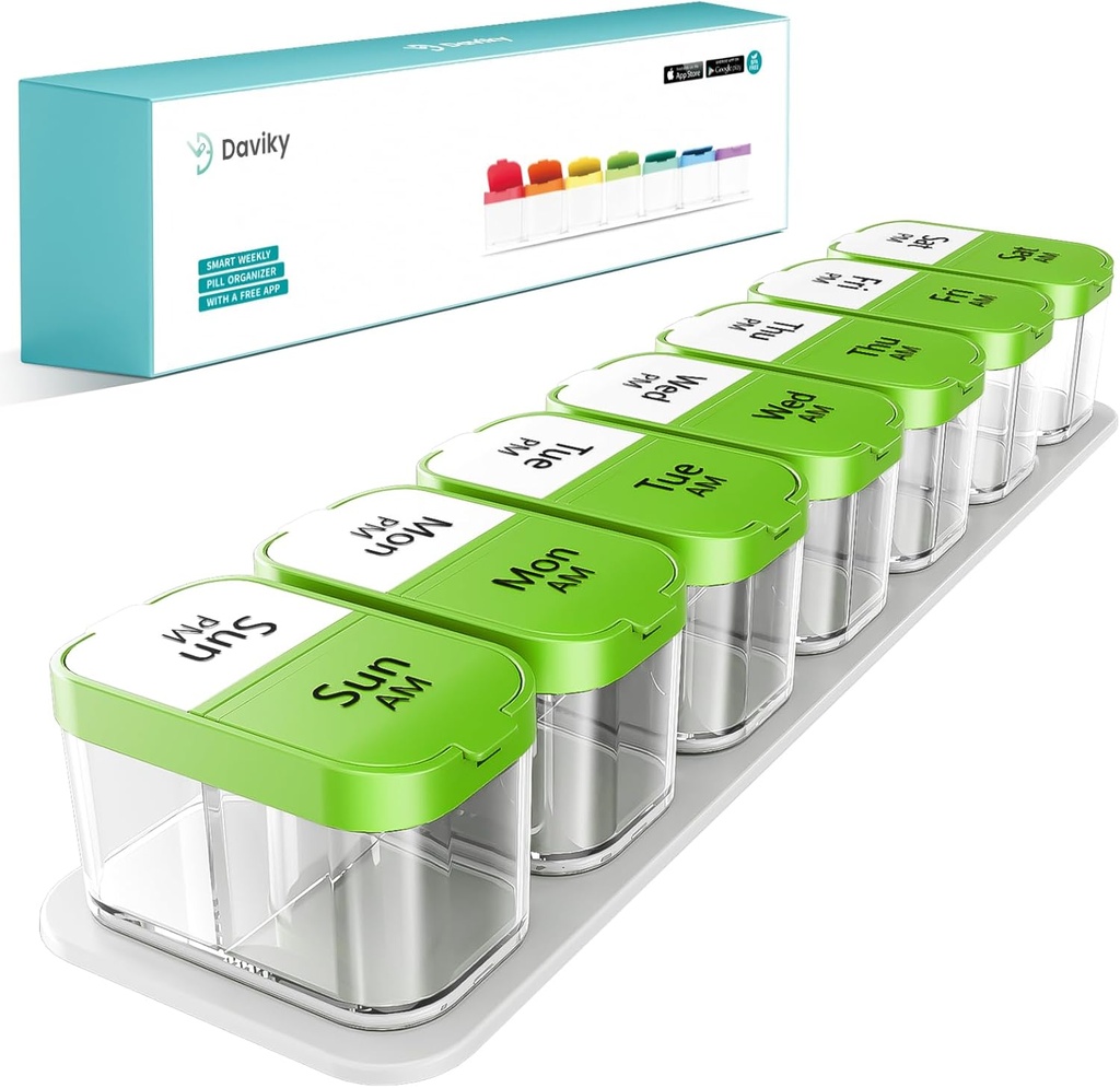 Daviky Large Weekly Pill Organizer 2 Times a Day, Extra Large Travel Pill Box 7 Day, Am Pm Twice Daily Pill Case, Pill Holder Container for Vitamin, Medicine, Supplement, Fish Oil, BPA Free, Green