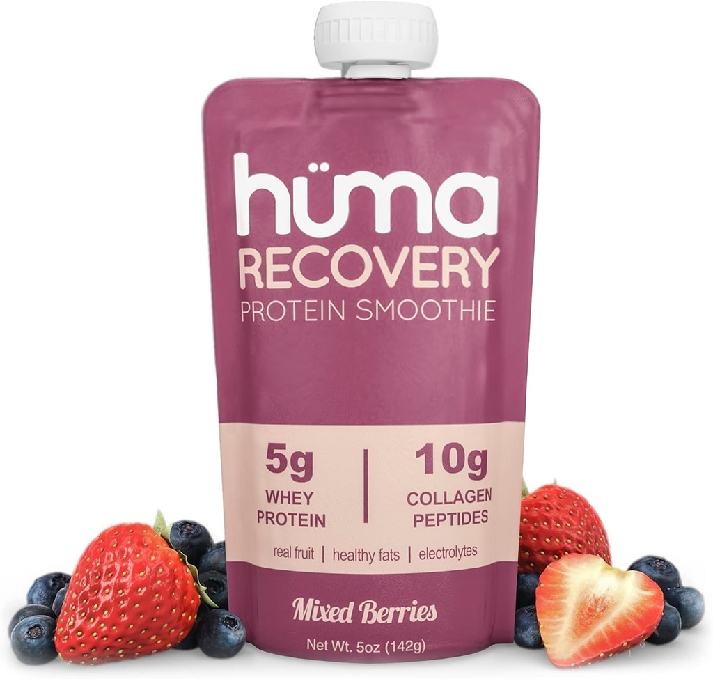 Huma Recovery Protein Smoothie, 20 Pouches – 15g Collagen + Whey Post Workout Recovery Drink – List-to-Drink Protein Shake with Real Fruit, Electrolytes, Healthy Fats