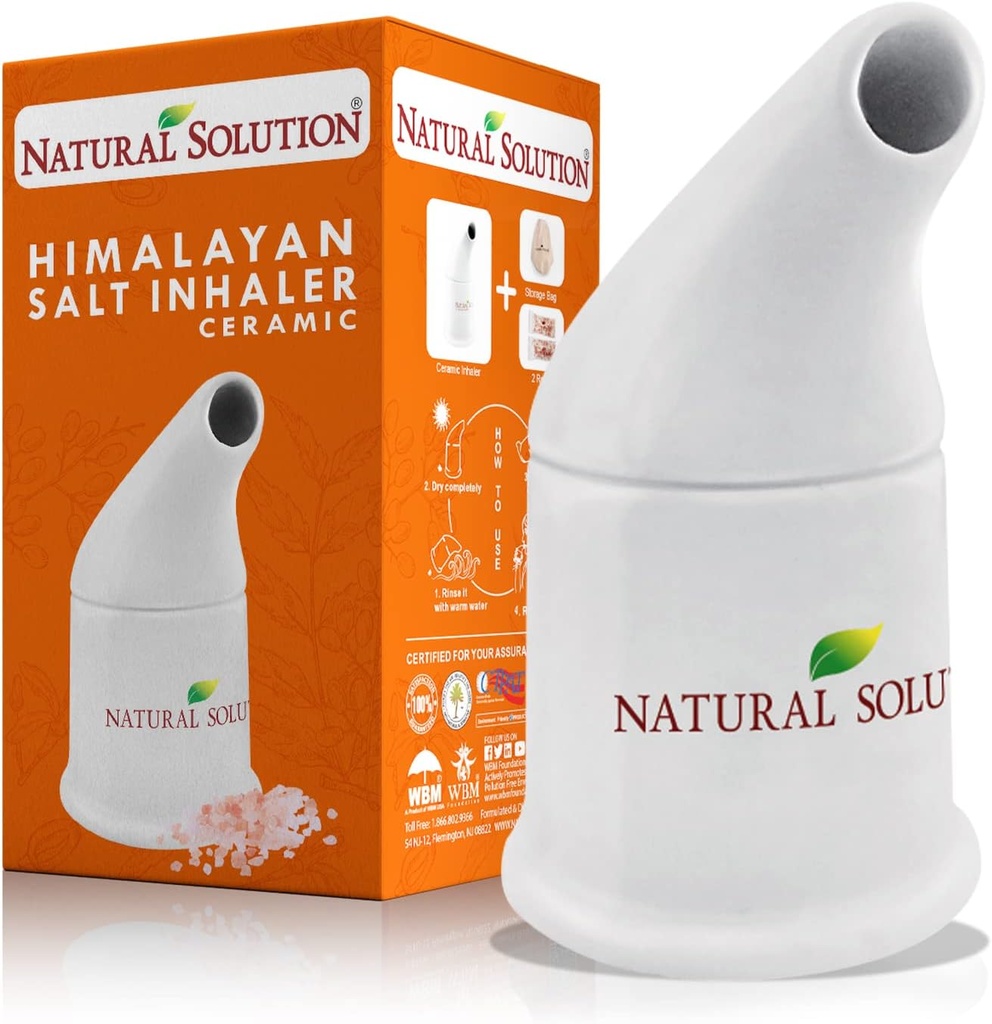 SOLUCIÓN NATURAL Inhalador de sal de cerámica con 2 Rellenos de sal rosa Himalaya, Limpia el sistema respiratorio, Congestión Respiratoria Alivio, Inhalador para Asma Blanco 1 Conde