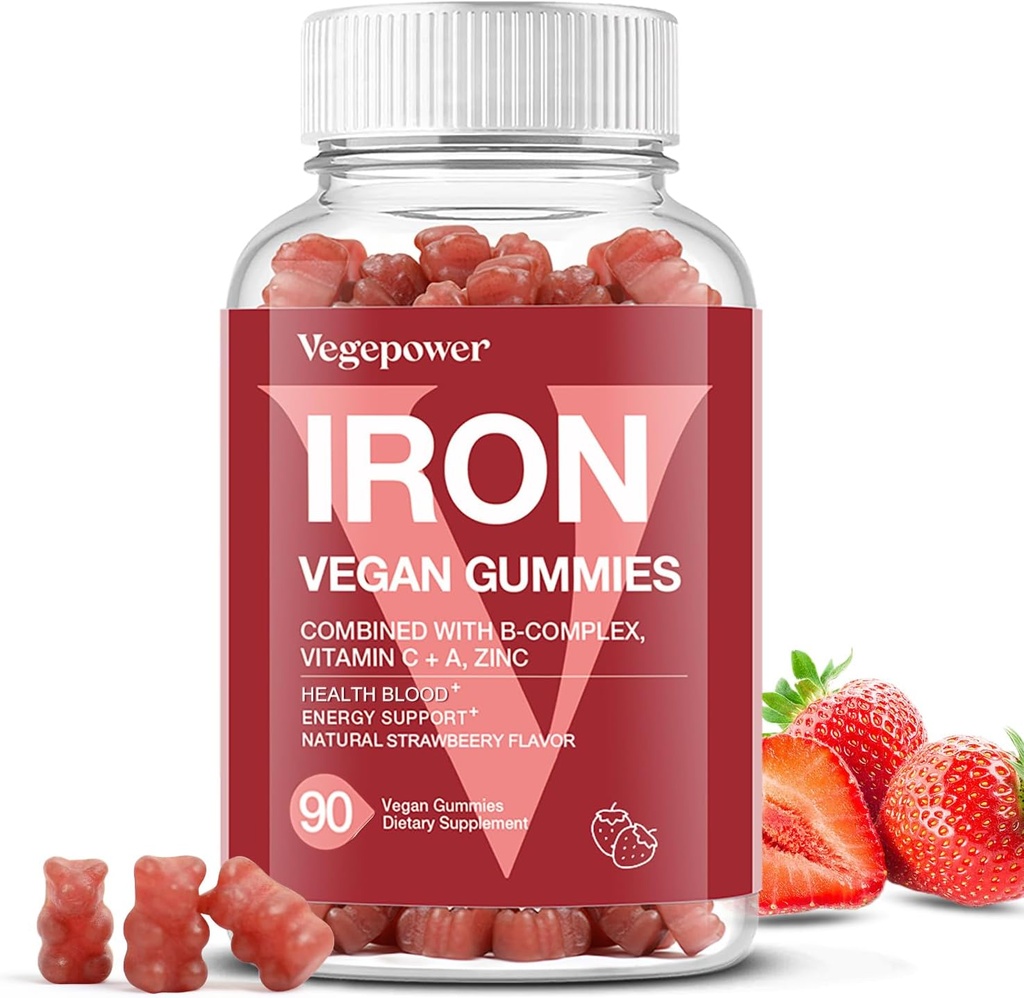 Iron Gummies Suplementos para niños - Multivitamínico con vitamina C para el apoyo energético, Gran Tasting Iron Gummy Vitaminas con vitamina C para Max Absorción - Vegan, Fresa 90 Cuenta