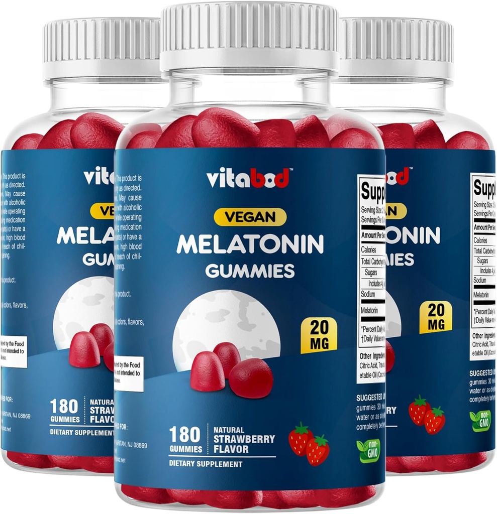 Melatonin 20mg Gummies - 180 Conde - Drug Free - Natural Strawberry Flavor - Vegetariano, No GMO, Gluten Free (3 Bottles)