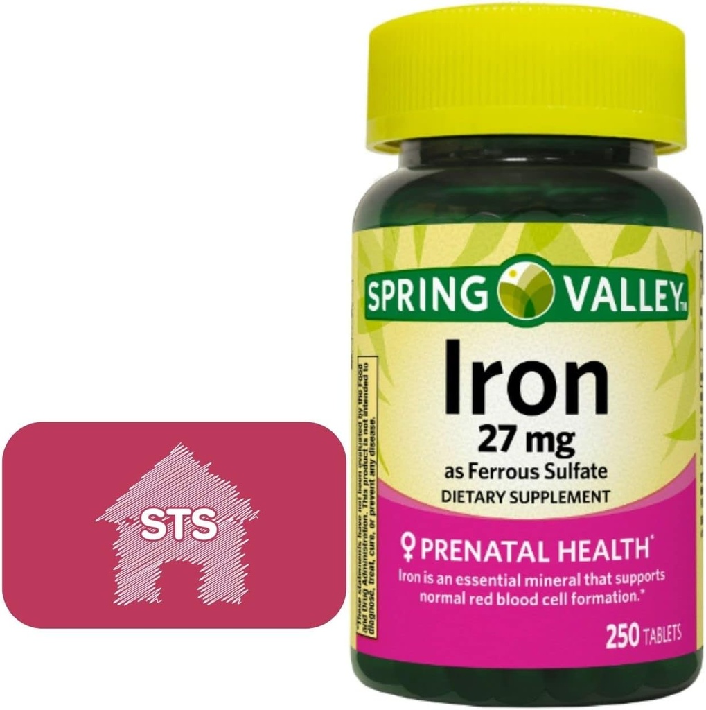 Spring Valley Iron como sulfato ferroso 27 mg, 250 Conde + STS Home Sticker.