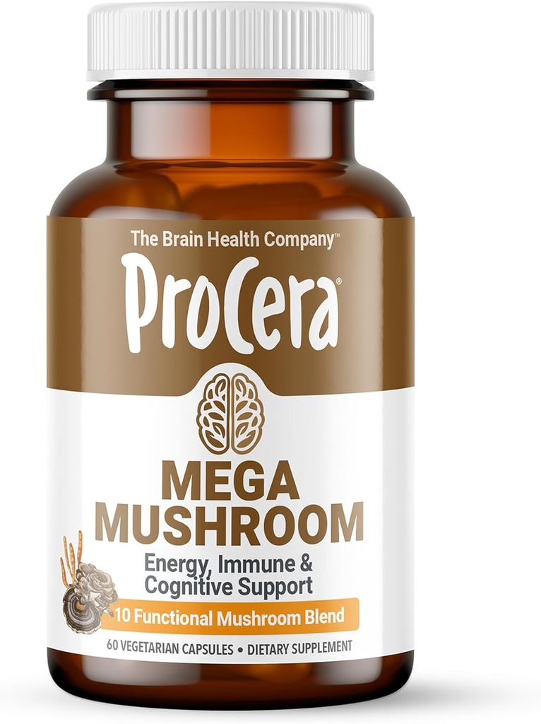 Procera Mega Mushroom - Mejor memoria, energía natural y claridad mental - mente clara - Lift Brain Fog - Immune Support - Detox - Lions Mane Chaga Cordyceps Shiitake Turquía Tail - 60 Conde