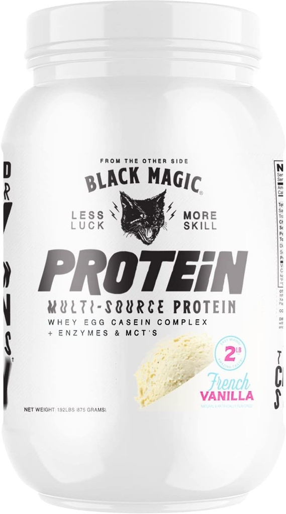 Proteína multifunción de magia negra - Whey, Casein, Enzymes, " MCTs - Pre Post Workout - Keto, Low Sugar, Gluten Free - French Vanilla - 24g Protein - 2 LB