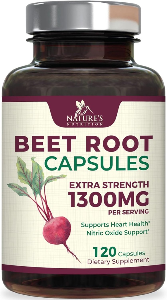 Beet Root Capsules 1300mg - Extra Strength Red Beetroot Powder Suplemento – Apoyo Nitric Oxide Production, Heart Health & Natural Energy – Non-GMO, Vegan, Gluten Free – 120 Veggie Capsules