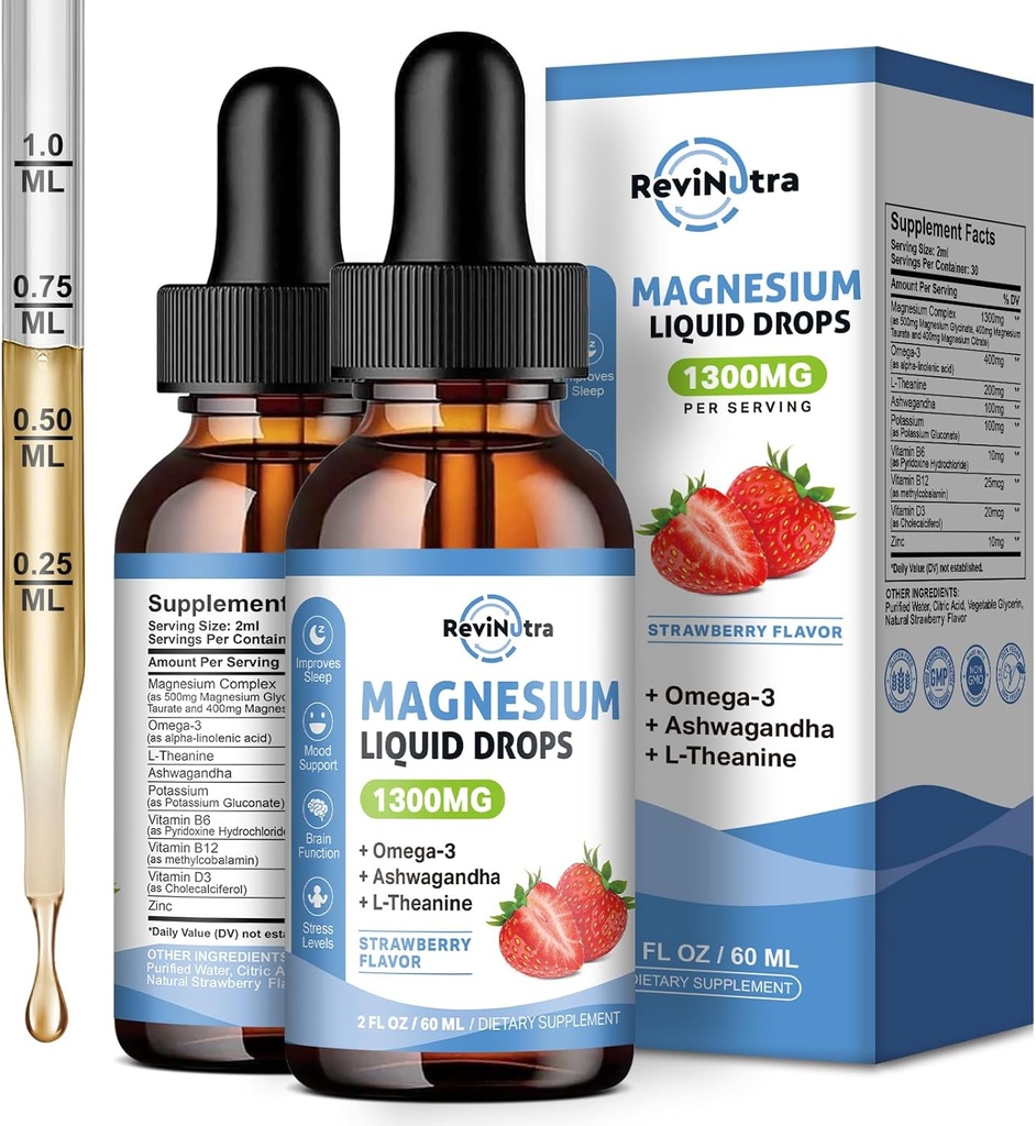 2 Pack Magnesio líquido gotas Glycinate con Taurate & Citrato, Magnesio calma con Omega3, L-Theanina, Potasio, Ashwagandha, Vitamina para el sueño, Musculo, Salud Inmune, Sabor de Fresa Libre de Azúcar