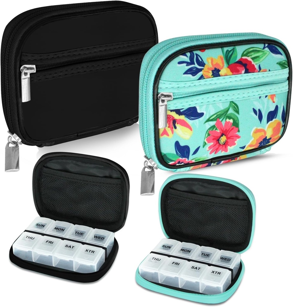 Serfeymi Caja de píldoras de viaje semanal para fines con caja extraíble de 7 días, caja de píldoras de viaje de moda Organizador de píldoras para la medicina, vitamina, suplemento - Negro 01 + verde 01