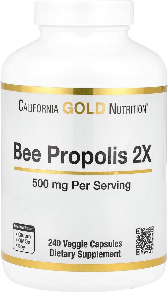 California Gold Nutrition Bee Propolis 2X Potency, Concentrated Extract 500 mg, Equivalente a 1000 mg de Propolis Natural, Support Immune Health & Vitality*, 240 Veggie Capsules