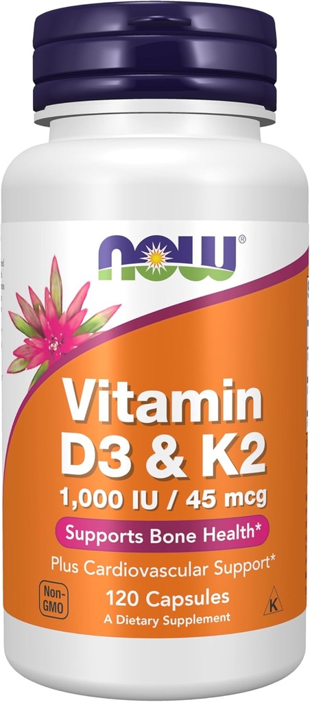 AHORA Suplementos, Vitamina D-3 " K-2, 1.000 UI/45 mcg, Plus Cardiovascular Support*, soporta la salud ósea*, 120 capsules