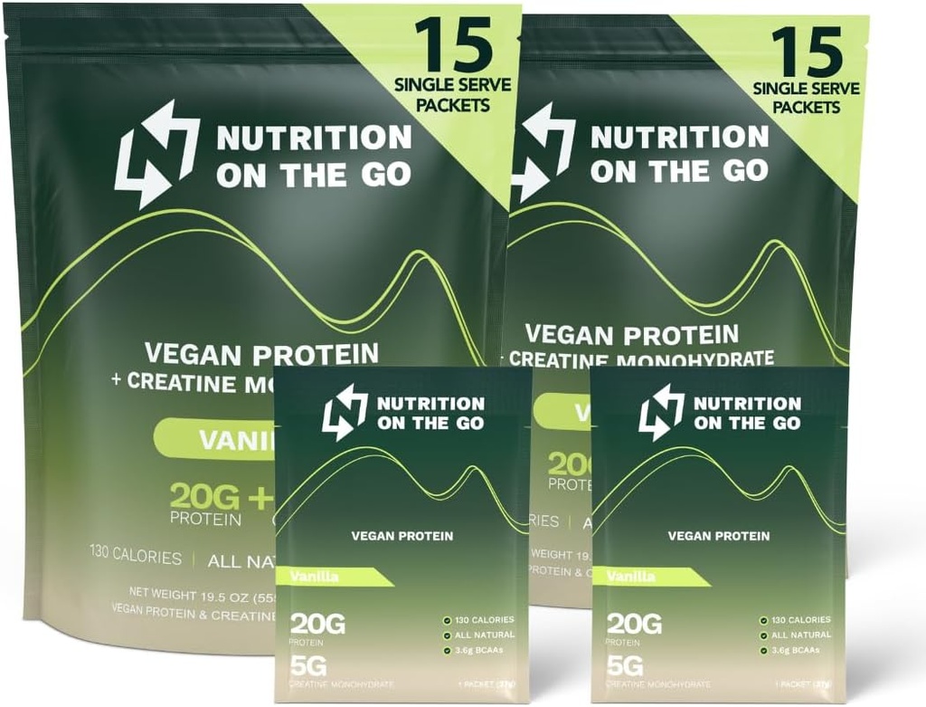 Nutrición en los envases de polvo de proteína vegana con crema – 20g Proteínas vegetales + 5g Creatina – Polvo de proteína de un solo paso – Todo natural, sin gluten – Vainilla – (30-pack)