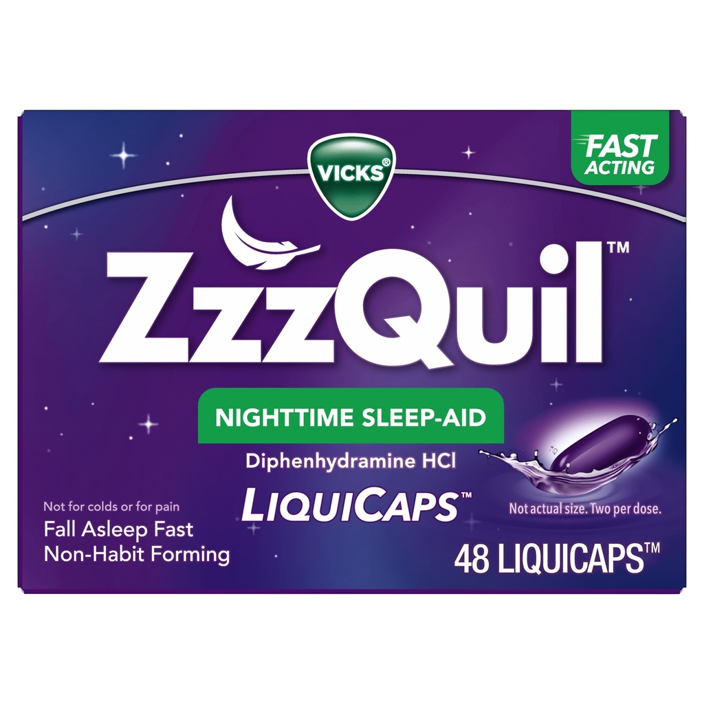 ZzzQuil, Nighttime Sleep Aid LiquiCaps, 25 mg Diphenhydramine HCl, No.1 Sleep-Aid Brand, Non-Habit Forming, Fall Asleep Fast, 48 Count