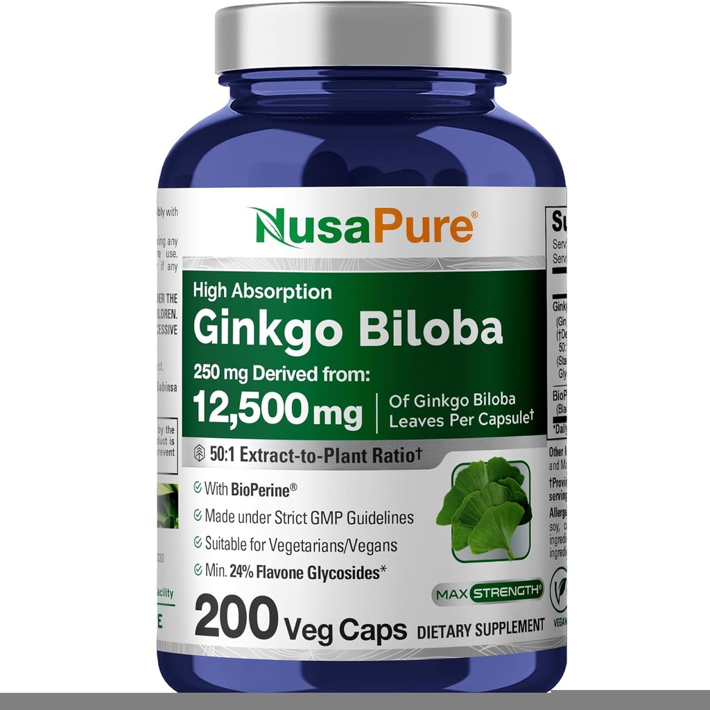 NusaPure Ginkgo Biloba 50:1 Extracto, 250 mg Equivalente a 12.500 mg por Veggie Caps 200 Caps (Vegetariano, No GMO, Vegan) Bioperina