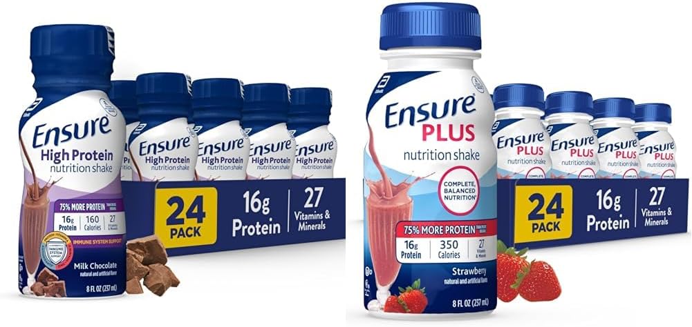 Ensure High Protein Milk Chocolate Nutrition Shake With Fiber, 24 Pack & Plus Strawberry Nutrition Shake, Meal Replacement Shake, 24 Pack