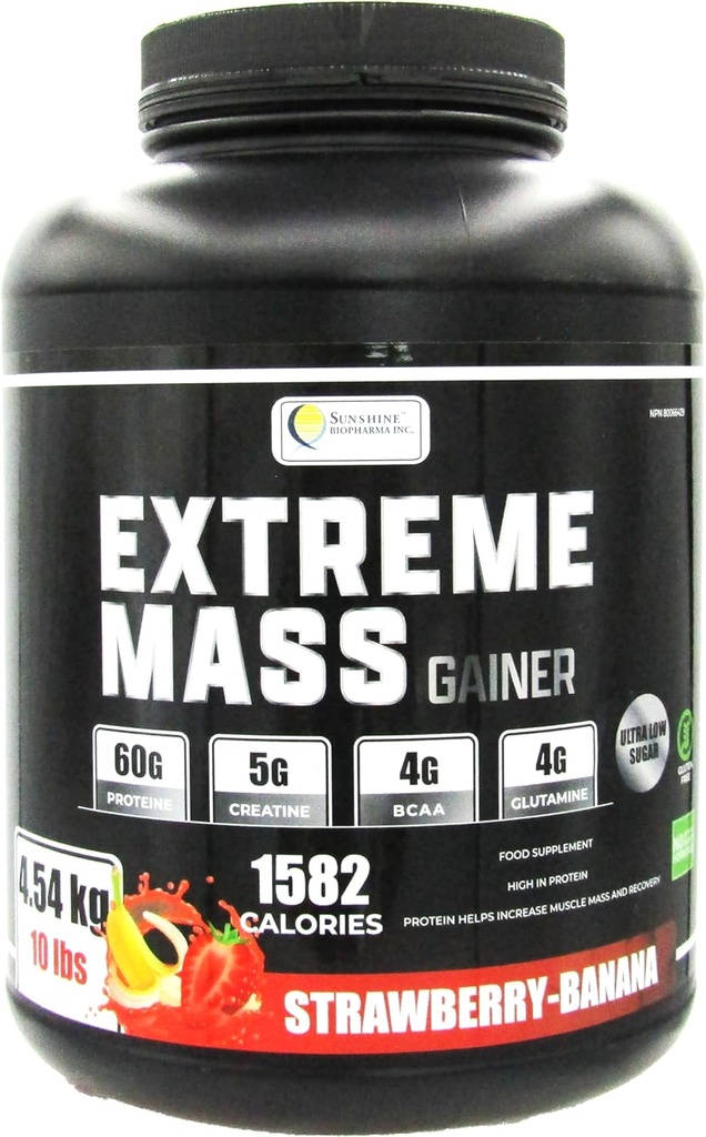 Extreme Mass Weight Gainer Muscle Builder, 10 lb (4,54 kg) con menos azúcar para entrenamiento intenso Made of high Calorie Fortified whey Protein (Strawberry-Banana)