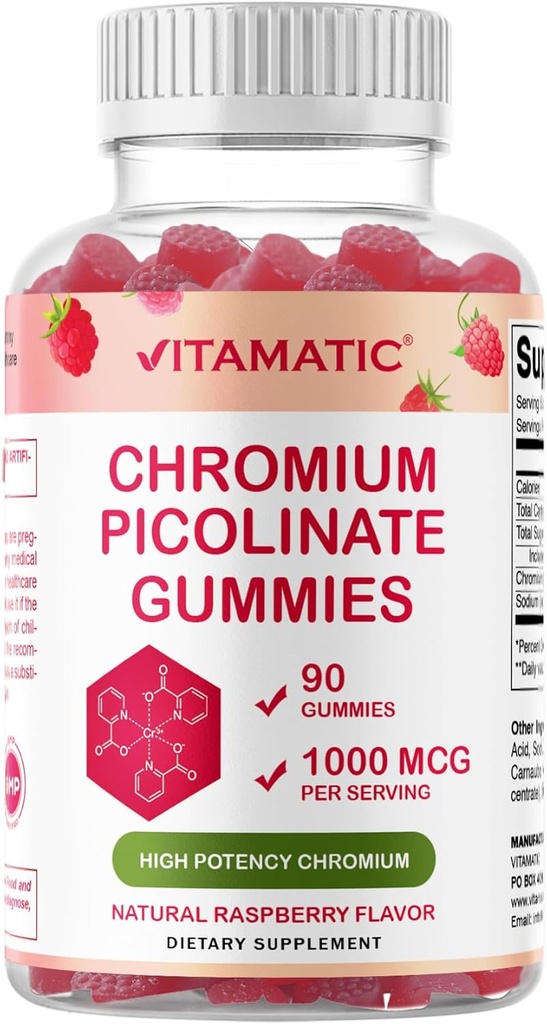 Vitamatic Chromium Picolinate 1000 mcg - 90 Gummies - Chromium de alta potencia - Raspberry Flavor
