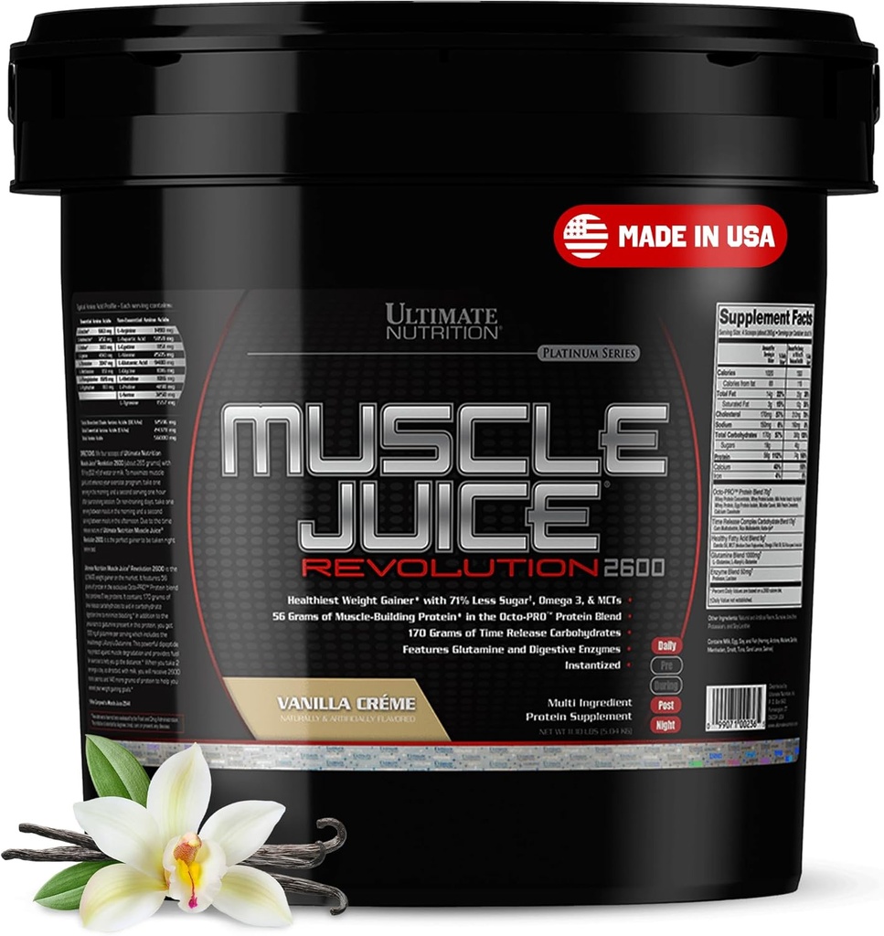 Ultimate Nutrition Muscle Juice 2600 Revolution, Weight Gain Drink Mix - Mass Gainer Workout Powder Suplemento para el crecimiento del músculo magro y recuperación con 56g Protein Blend - Vanilla, 11.105lb