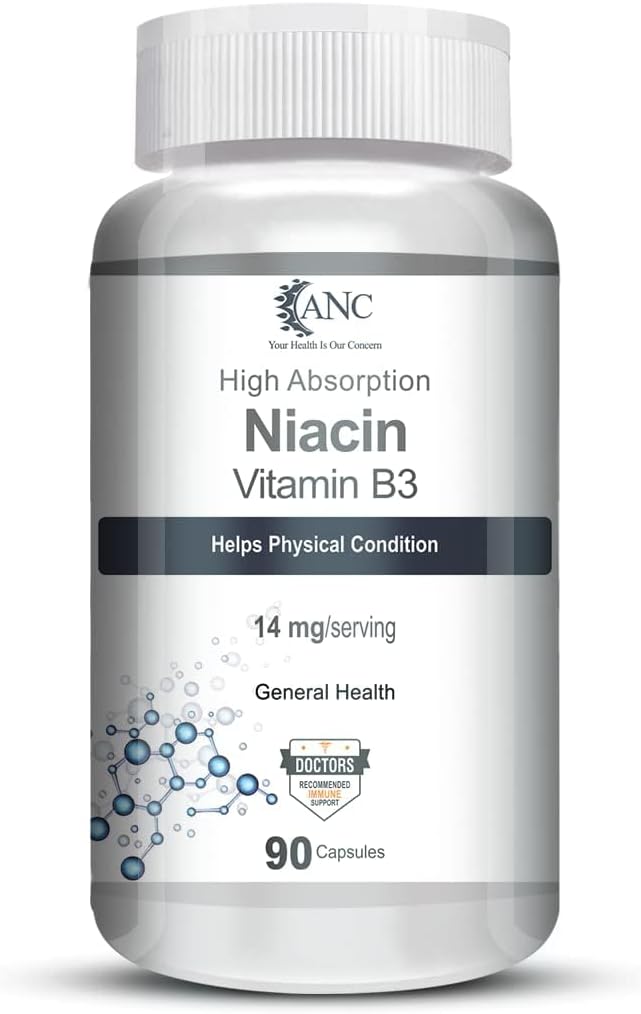 Generic Niacin Vitamin B3 Capsules - with Flush, Non-GMO, Gluten Free -90 Capsules