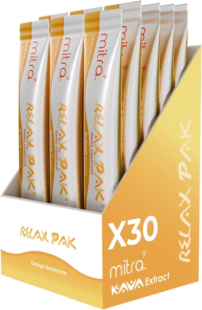 Mitra9 Kava Powder RelaxPak - Orange Dreamsicle Kava Extract Powder Packets ← Mood Enhancer ← Plant Based ← Promueve la calma natural y la claridad ← Easy Open Single-Serving Stick (30)