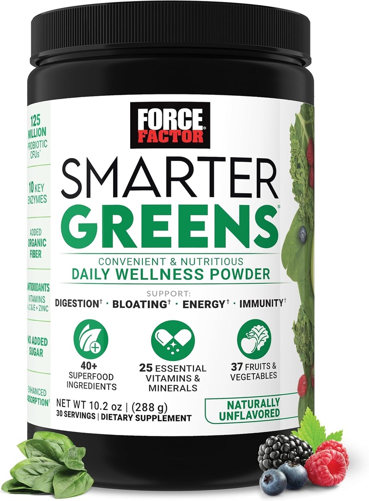 Factor de fuerza más inteligente Greens Daily Wellness Powder, Greens Superfood Powder para apoyar Gut Health, Bloating, " Digestion, con 40+ Superfoods, 125 Millones de UF de Probióticos, Desflavorados, 30 Servimientos