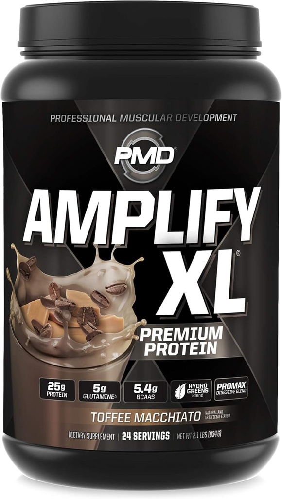 PMD Sports Amplificar XL Premium Whey Protein Suplemento Hydro Greens Blend - Glutamine y Whey Protein Matrix con Superfood for Muscle, Strength y Recovery - Toffee Macchiato (24 Servings)