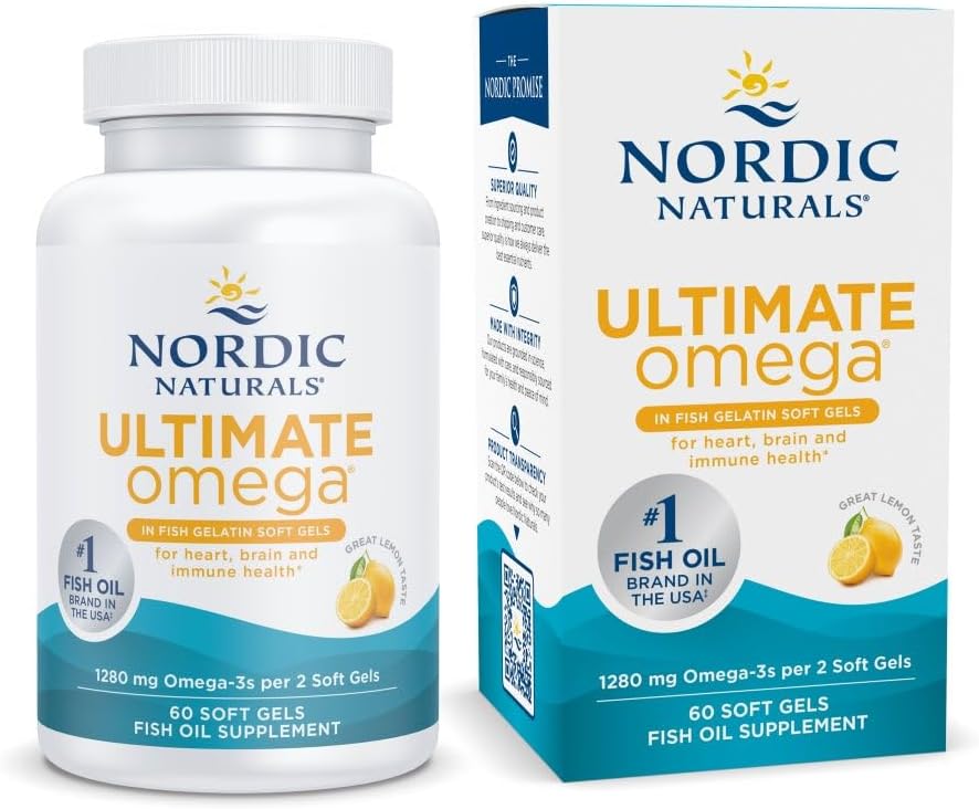 Nordic Naturals Ultimate Omega en Fish Gelatin, Lemon Flavor - 60 Soft Gels - 1280 mg Omega-3 - High-Potency Fish Oil Suplemento - EPA & DHA - promueve Brain & Heart Health - Non-GMO - 30 Servings