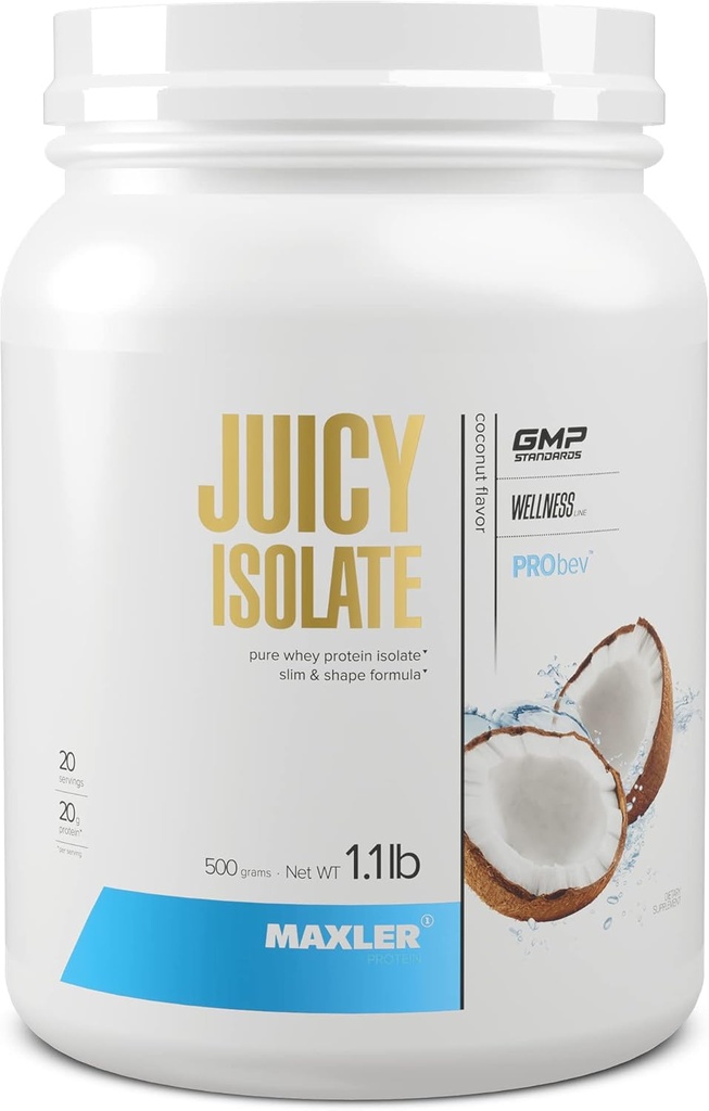 Maxler Juicy Isolate Protein Powder - Clear Whey Isolate - Low Lactose, Fat Free, Sugar Free Muscle Recovery Drink for Pre ' Post Workout - 90% de Protein por Serving - Coconut 1.1 lb (20 Servings)