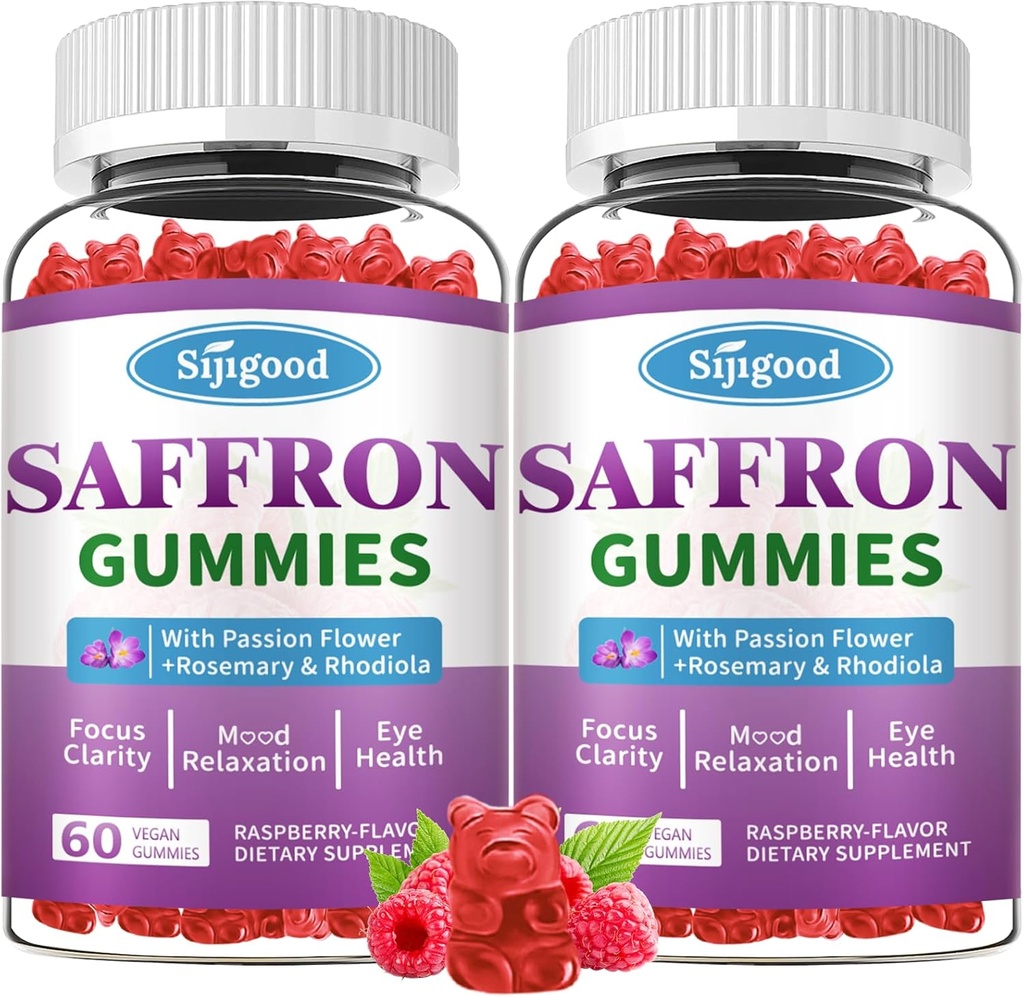 2 Packs Saffron Gummies - Suplemento de Safrón Libre de Azúcar para Hombre Mujeres Mood Apoyo Suplemento con extracto de Saffron, Flores de Pasión, Magnesio &amp; Vitaminas para la Relajación, Focus, Sabor de Fresa
