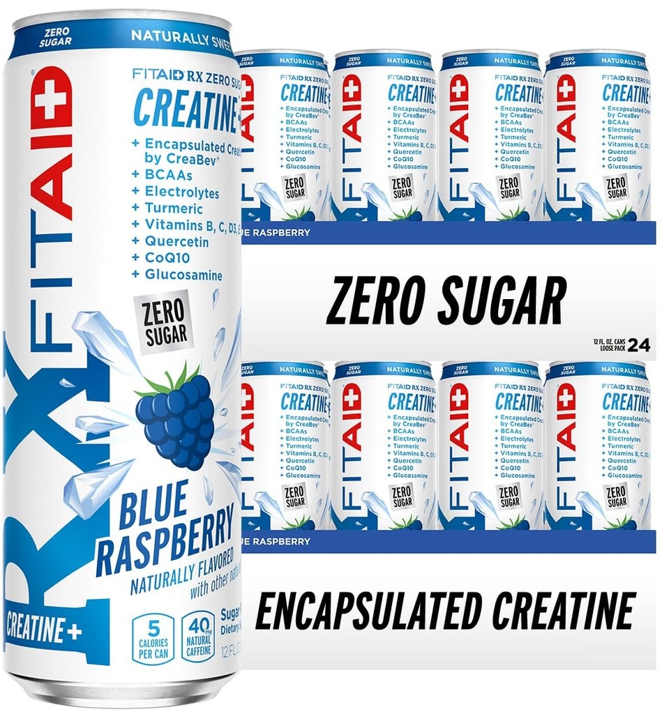 FITAID RX Zero Sugar, Cretina encapsulada, Bebida de recuperación de entrenamiento, All-In-One Blend, BCAAs, Glucosamine, Turmeric, B-Complex, Electrolytes, Blue Raspberry, 12 Fl Oz (Pack of 24)