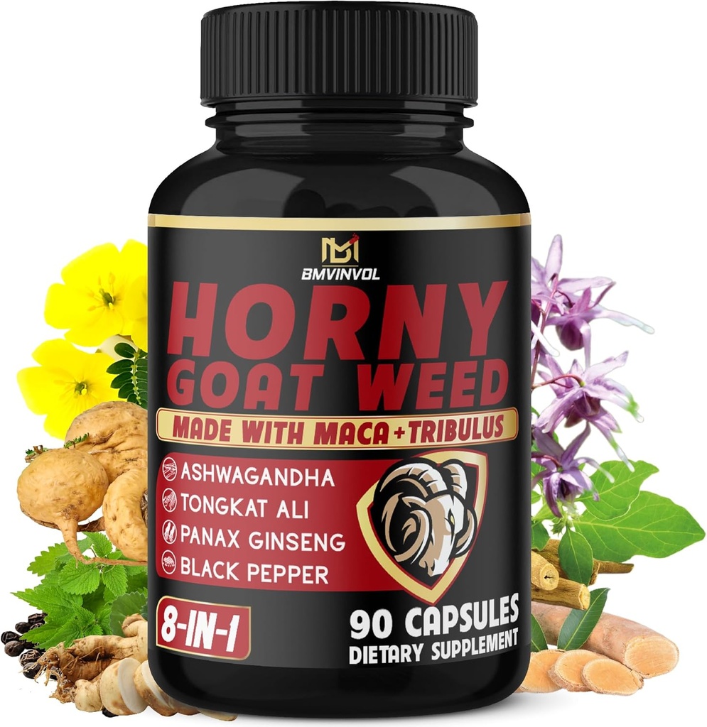 BMVINVOL Horny Goat Weed Capsules with Maca, Ginseng, Tribulus Terrestris, Ashwagandha, Black Pepper - 90 Cuenta para 3 meses de suministro