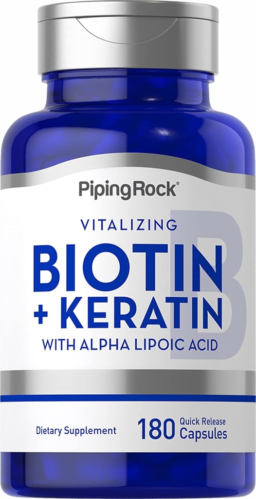 Piping Rock Biotin 5000mcg TEN 180 Capsules ANTE Plus Keratin y Alpha Lipoic Acid ANTE No GMO, Gluten Free Supplement