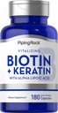 Piping Rock Biotin 5000mcg TEN 180 Capsules ANTE Plus Keratin y Alpha Lipoic Acid ANTE No GMO, Gluten Free Supplement