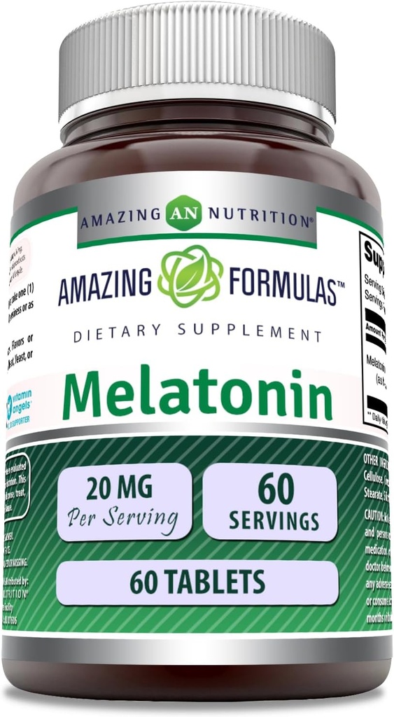 Amazing Fórmulas Melatonin Suplemento Silencio 20 Mg Por Serving ← Tablets ← No Gluten-Free TEN Made in USA (1 Pack, 60 Cuenta)