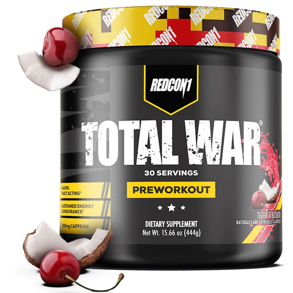 REDCON1 Total War Pre Workout, Tiger's Blood - L Citrulline, Malic Acid, Green Tea Leaf Extract for Pump Boosting Pre Workout for Women &amp; Men - 3.2g Beta Alanine to Reduce Exhaustion (30 Servings)