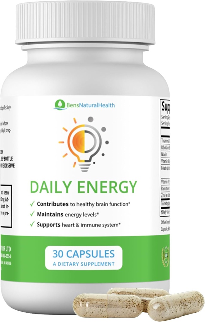 Complejo Ben's Natural Health Daily Energy B-Vitamin con TMG y Zinc for Natural Energy, Stress, Focus &amp; Immune Support, 30 cápsulas