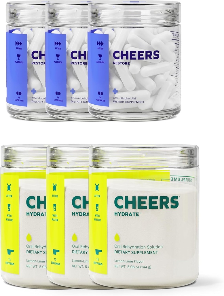 Cheers Clásico Combo Silencioso Restaurar + Hydrate ← Rehydrate " Siéntete mejor después de beber DHM, L-Cysteine, B-Vitamins, Electrolytes TEN 12 Doses Cada ¦ Liver Support ← Electrolyte Suplementos