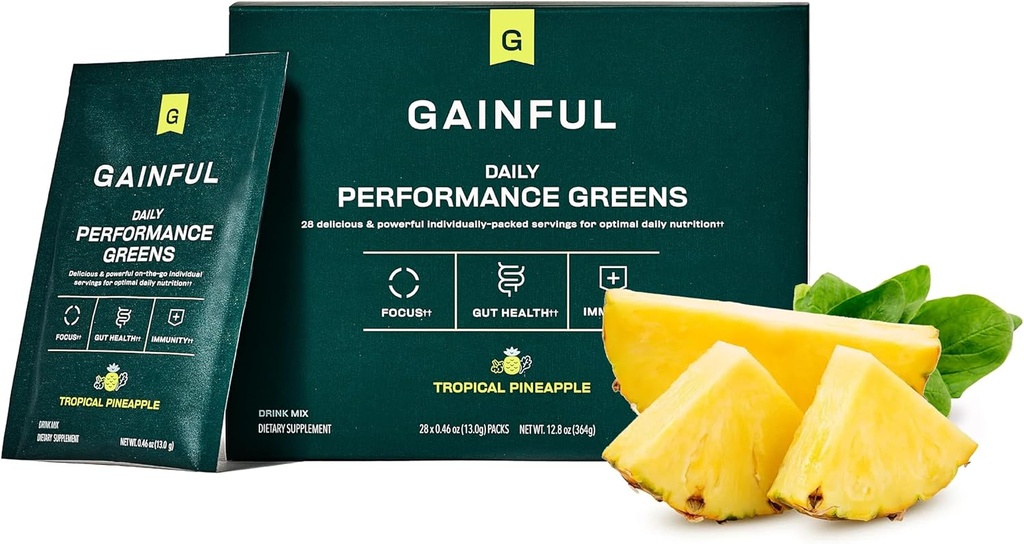 Gainful Daily Performance Greens Powder, Coconut Pineapple, Gut Health, Energy, Focus and Immune Support with L Theanine, Organic Greens, Chlorella, Ginger, Green + Adaptogen Drink Mix, 28 Packets