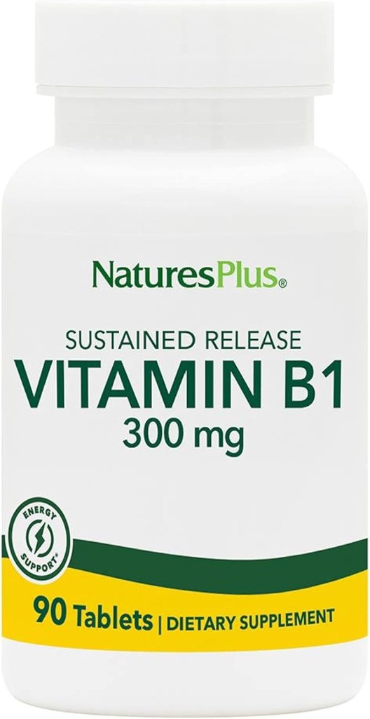 Natures Plus Vitamina B1 (Thiamin HCI), Sustained Release - 300 mg, 90 Tabletas Vegetarianas - Sin gluten - 90 Servimientos