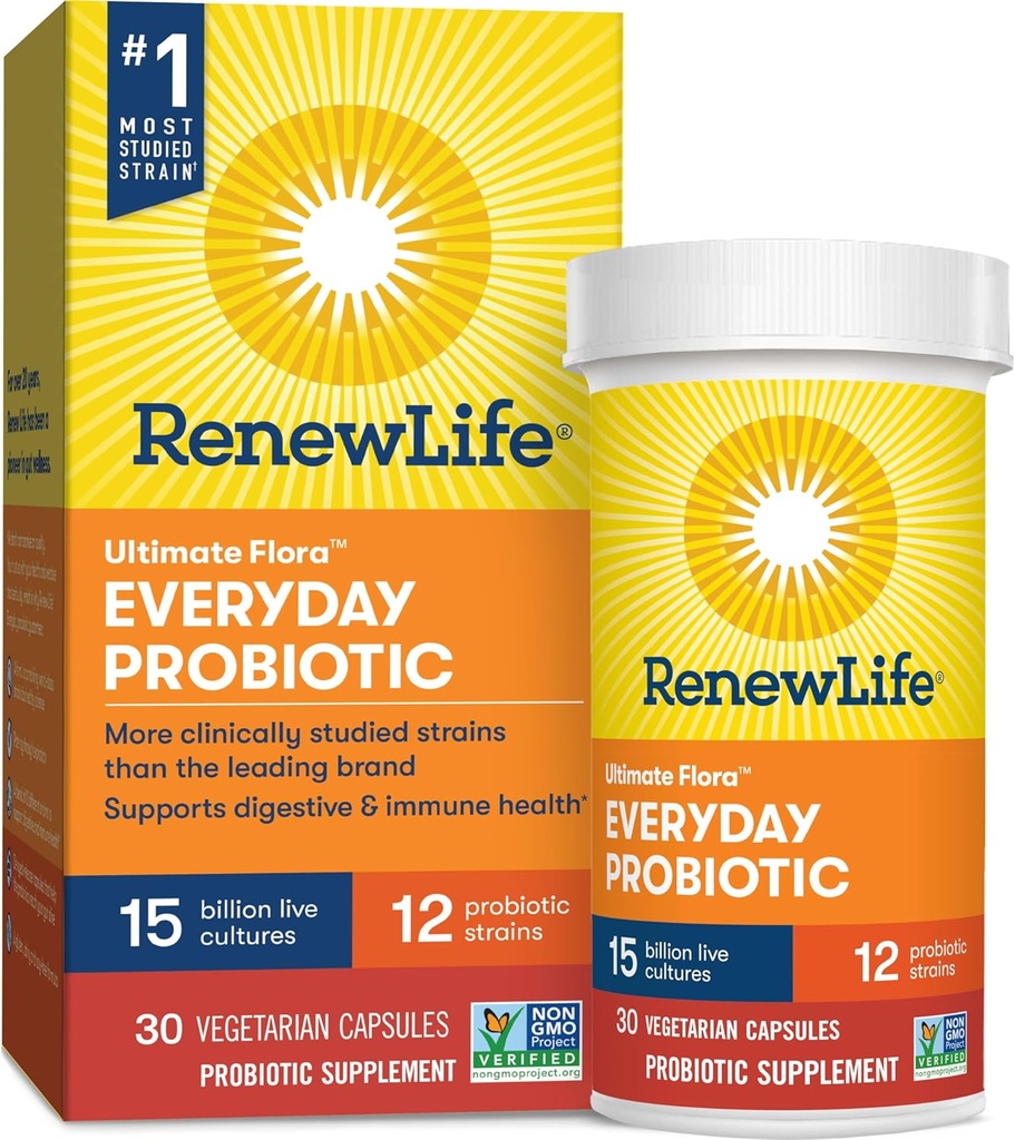 Renovar la vida Cada día Capsules probióticos, Suplemento diario apoya la salud urinaria, digestiva e inmunitaria, L. Rhamnosus GG, lácteos, soya y sin gluten, 15 millones CFU, 30 Conde