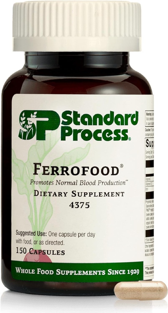 Ferrofood de proceso estándar - Suplemento de salud de sangre - Apoyo enzima con vitaminas B12, C, " Hierro - non-Dairy " Non-Soy - 150 cápsulas (40 piezas)