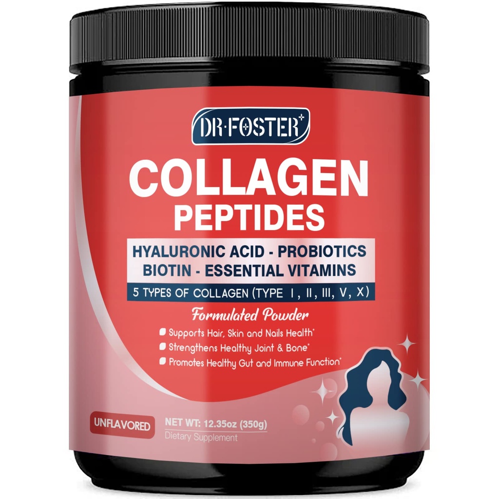 Péptidos multi colágeno Polvo con Probióticos - Tipo I II III V X - Péptidos de colágeno hidrolizado con Multivitaminas, Ácido Hialurónico " Biotina - Soporte Juntas de uñas de pelo de piel " Gut, 35 Servimientos