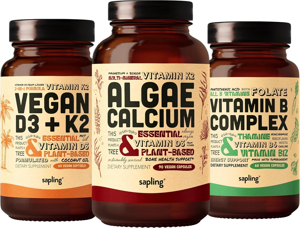 Algae Calcium & Vegan D3 + K2 & Vitamina B Complex Bundle - Calcio Suplemento de Alga Roja, 4000 UI Vitamina D3 y 100mcg Vitamina K2, Vitaminas B Esenciales
