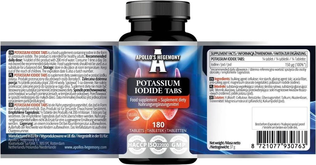 Potasio Iodide 150 mcg por Porción - 180 Tablas Veganas - 720 Serviciones - para Función óptima de Gland y Metabolismo energético - Suplemento dietético por la Hegemonía de Apolo
