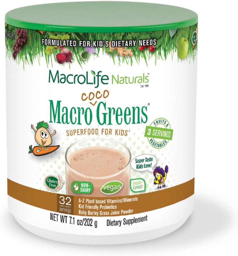 MacroLife Naturals MacroCoco Verdes Chocolate Superfood Powder para niños Frutas crudas verduras Probióticos " Enzimas digestivas, Energía Inmunitaria, No GMO, Vegan, Gluten, Dairy Free - 7oz (32 Servimientos)
