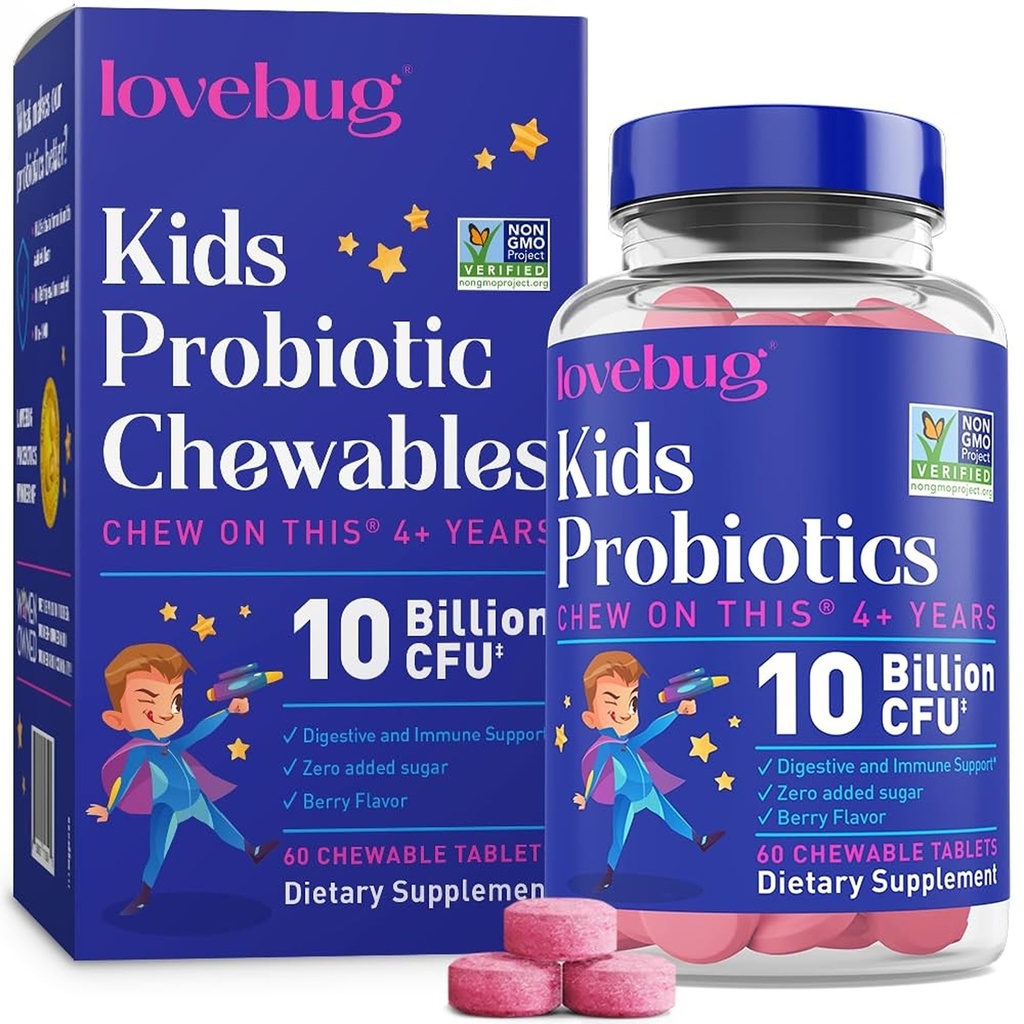 LOVEBUG Probióticos para niños – Probióticos Chewables con fibra prebiótica para la edad 4+,Daily Children's Gut Health &amp; Digestive Support Suplemento, Sugar-Free Berry Flavor, 60 Cuenta
