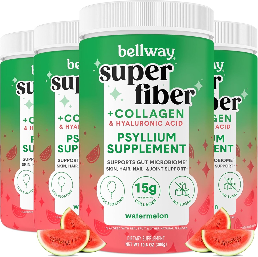 Bellway Super Fiber Powder + Collagen (4 Pack), Sugar-Free Psyllium Husk Polvo con Peptides Collagen y Ácido Hialurónico para Gut Health, Skin saludable, uñas, bonificaciones, sandía (42.4 oz)