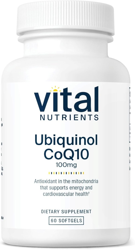 Nutrientes vitales Ubiquinol CoQ10 100mg ← Forma activada de la Coenzima Q10 ← Potente Antioxidante para apoyar la salud cardiovascular y cerebral* ← Gluten y Dairy Free ← 60 Vegetarian Softgels