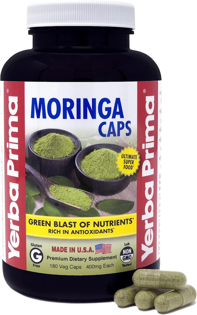 Yerba Prima Moringa, 180 Conde Veg Caps - 400mg de Pure, Leaf seco Powder, Green Blast de Nutrientes, Rico en Antioxidantes, 100% puro, Super Food, No GMO, Vegan Friendly, Gluten-Free, USA Made