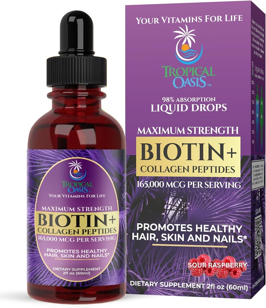 Maximum Strength 165,000mcg Liquid Biotin " Collagen Drops – Vitaminas para el crecimiento del cabello para hombres y mujeres – apoya el cabello sano, la piel radiante " fuertes uñas – 98% Absorción, No GMO, 60 Servimientos