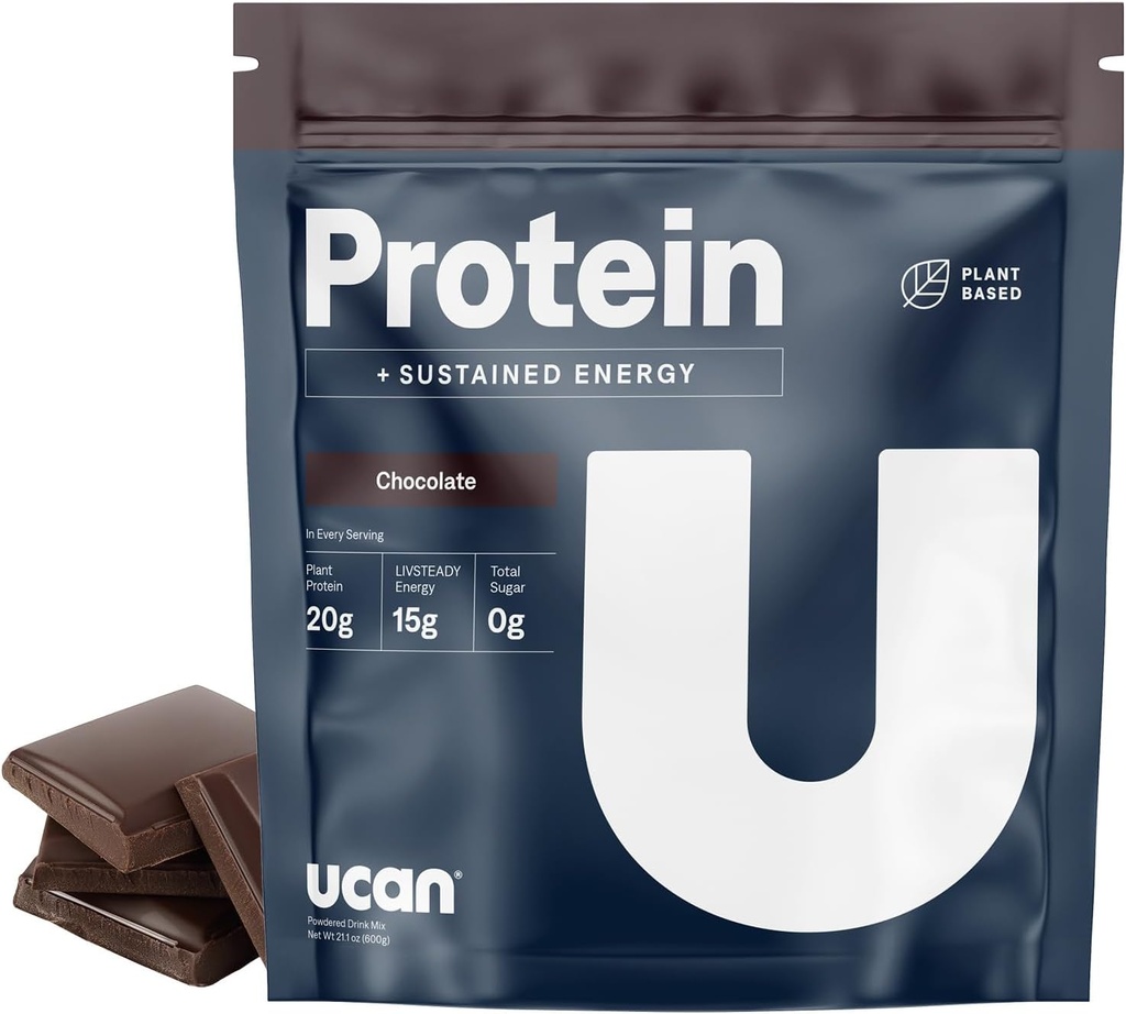 UCAN Energy + Plant Protein Powder - Vegan Plant Based Protein 20g Pea Protein with Amino Acids EAAs & BCCAs - Keto Protein Powder - No Added Sugar, Gluten-Free - Chocolate -12 Servings