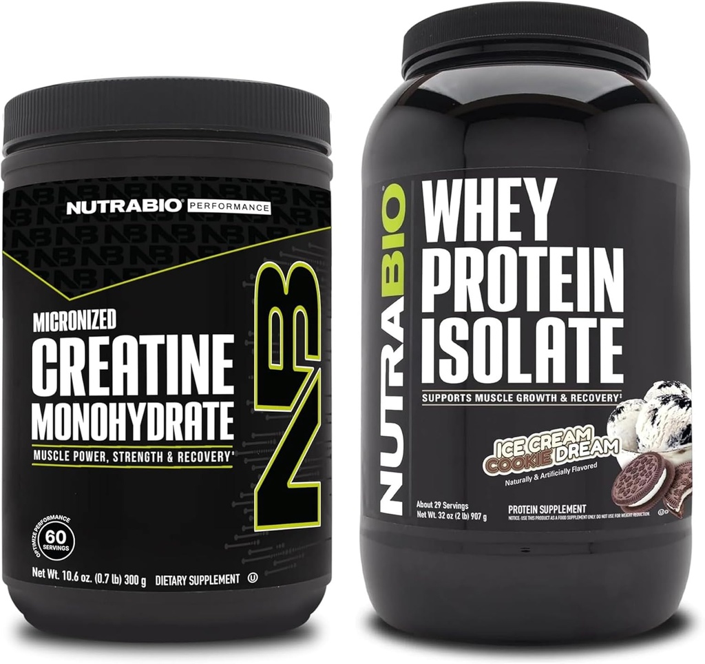 NutraBio Creatine Monohydrate, Desflavorado, 300g y Whey Protein Isolate, Ice Cream Cookie Dream, Suplemento Bundle - Muscle Energy, Lean Muscle Growth, Recovery, and Strength